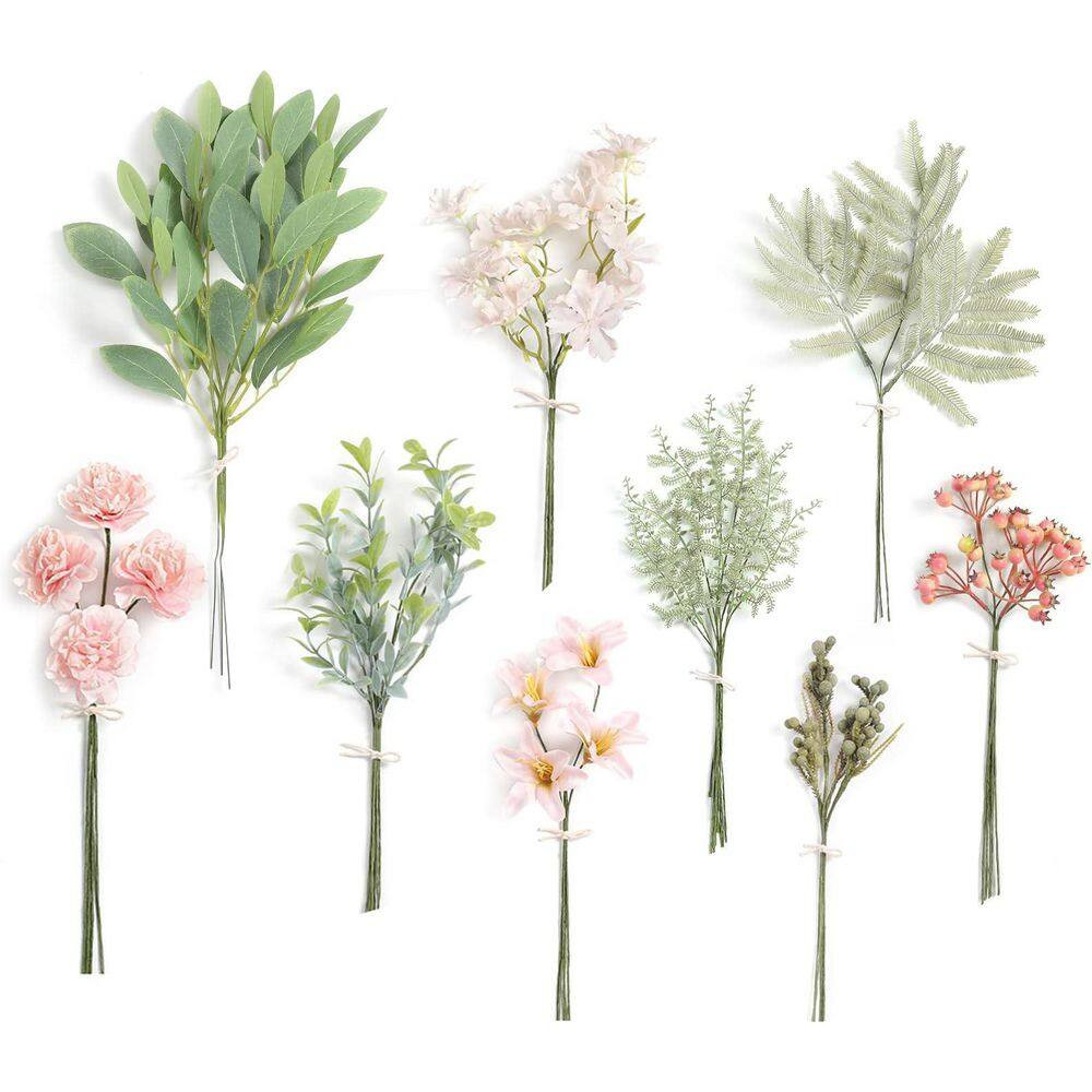3 In. 47-Pieces Artificial Dusty Green Pink Flocking Greenery Branch Stem Faux O