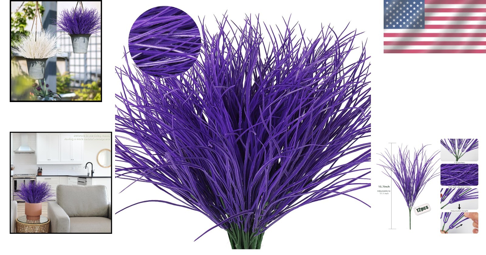 Vibrant 15.7″ Purple Faux Grass – Set of 12, Indoor & Outdoor Decorative Plants