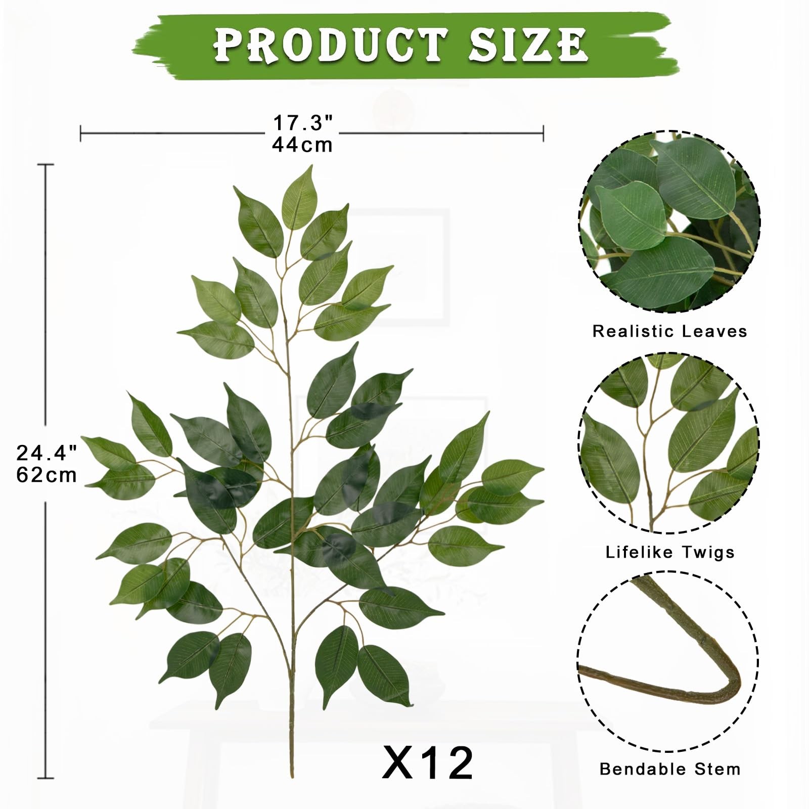 12PCS Ficus Leaves Artificial Branches 24″ Faux Ficus Greenery Tree Branches …