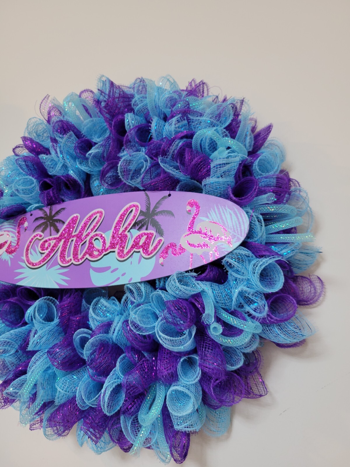ALOHA Summer Spring Mesh Front Door Wreath Wall Decor BRIGHT Purple Pink Blue
