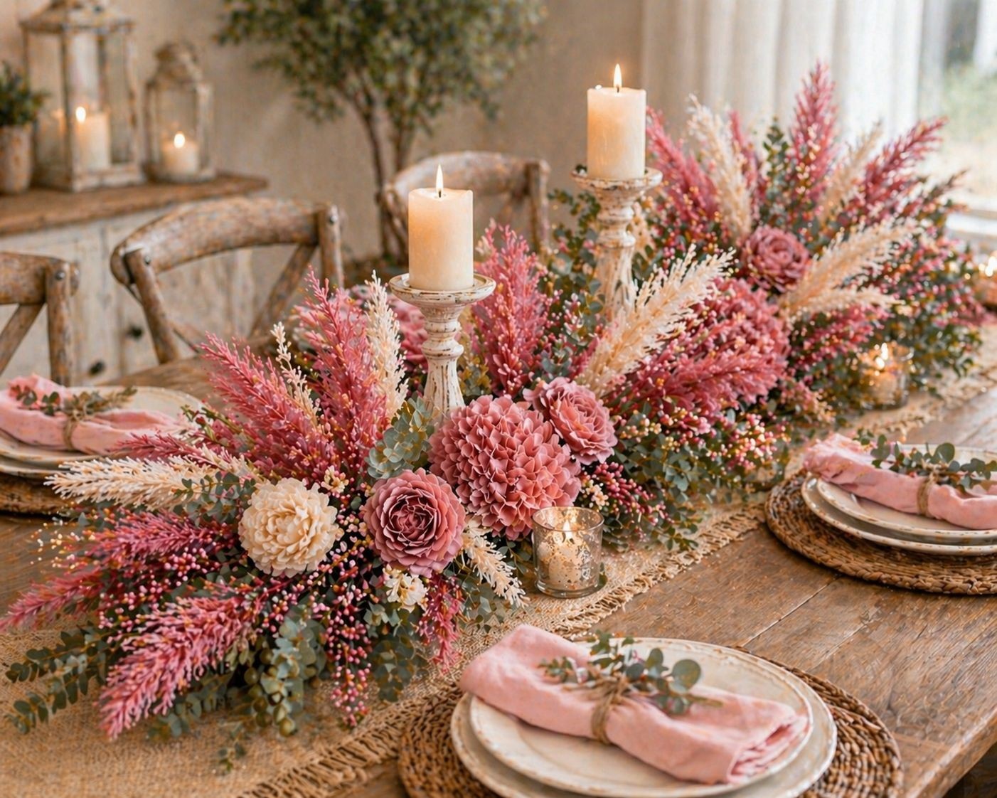 Rose Pink Pampas Grass 3 Stem Faux Pampas 21 Inch Boho Decor Rustic Vase Filler