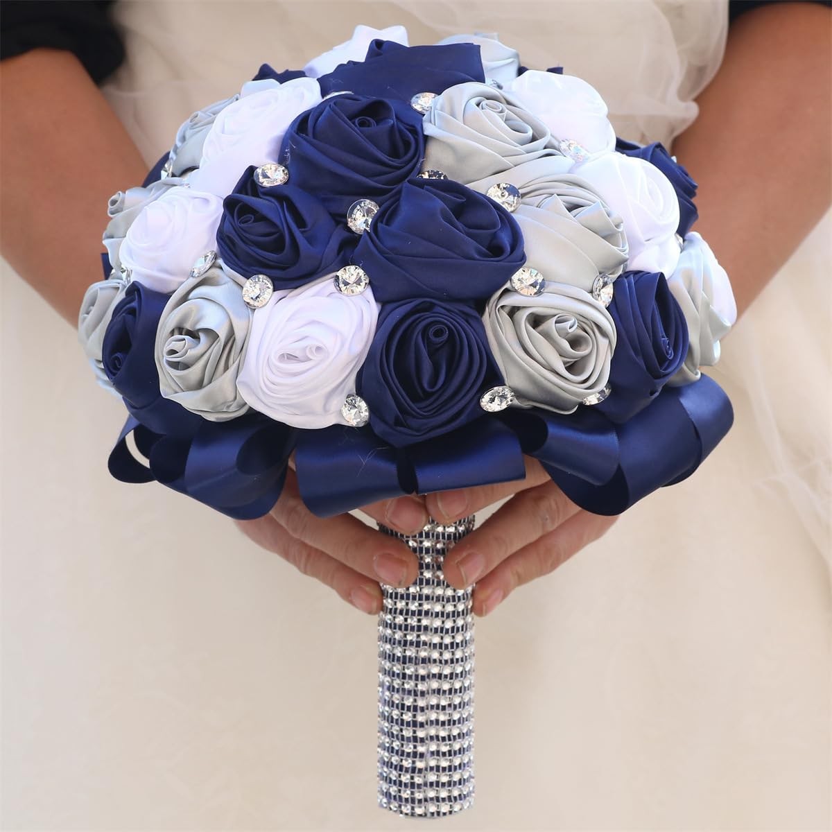 6.3 Inch Navy Blue Silver White Bridal Wedding Bouquet Round Artificial Rose