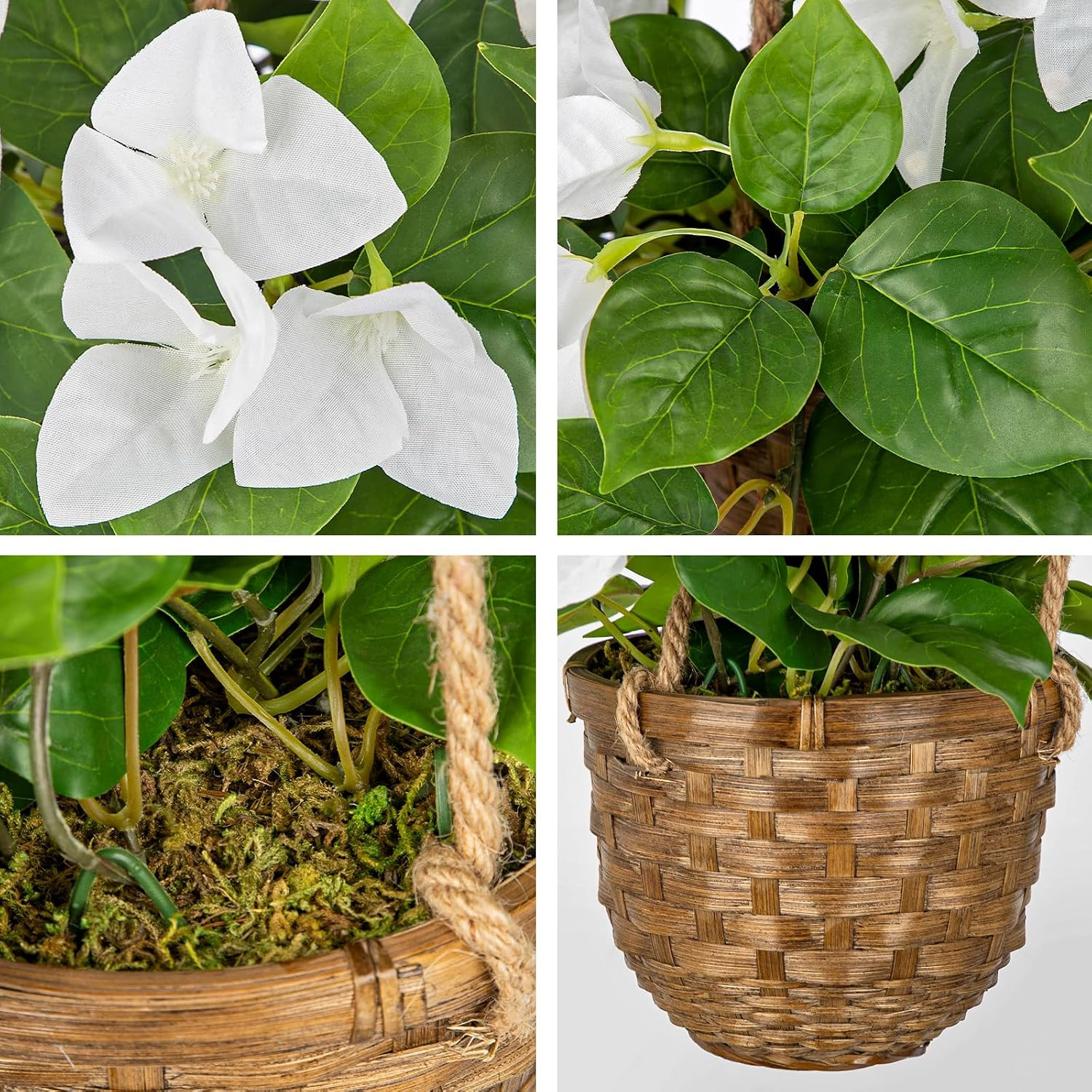 Faux Bougainvillea Hanging Basket – 27.5″ White Flowers in Rattan Planter