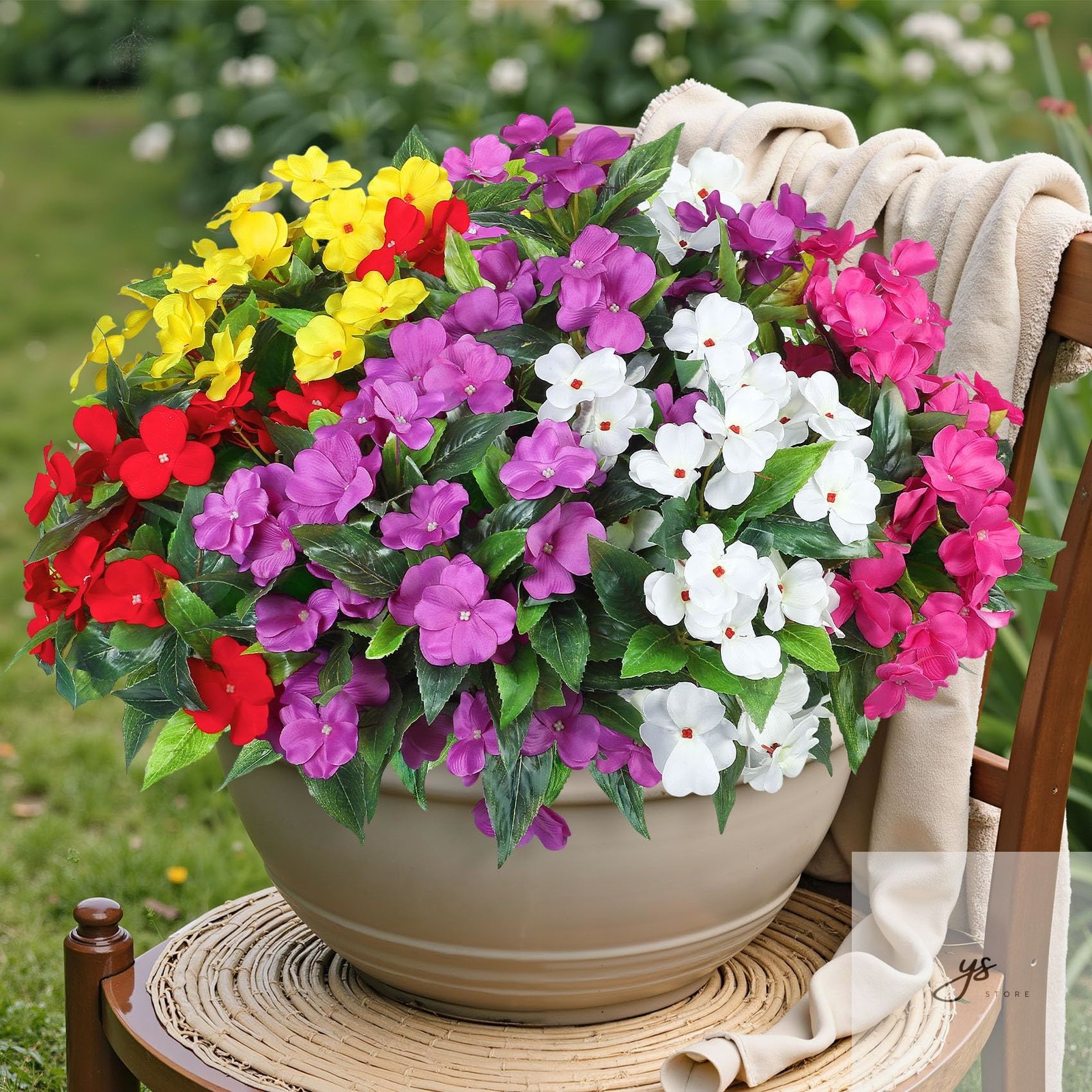 6 Bundles Artificial Impatiens Flowers for Outdoors Decoration, Silk Flowers Bou