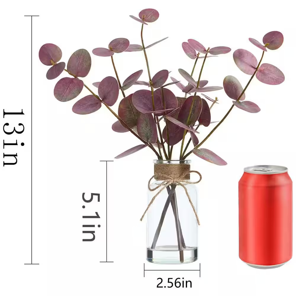 3.9 In. Green Indoor Artificial Eucalyptus Shrub with Glass Vase and Faux Water