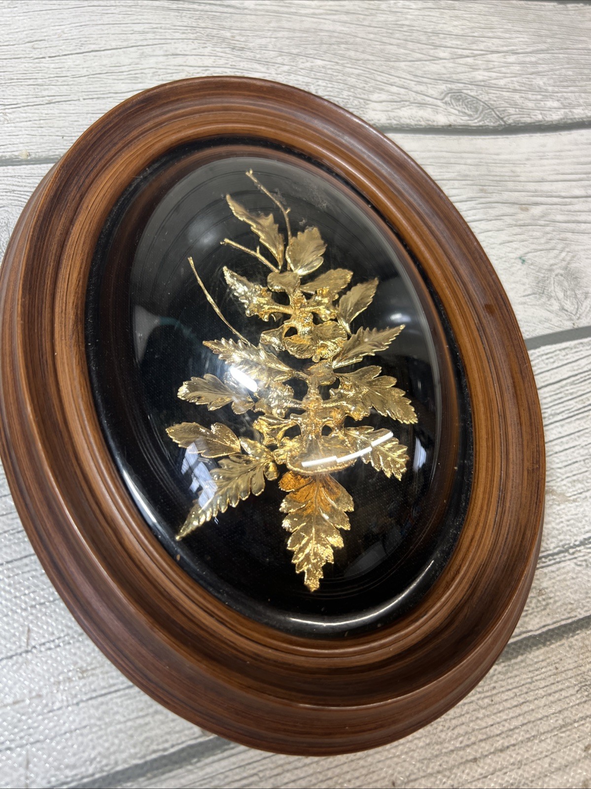 Flora Hawaii 24K Gold Encased Orchid Fern Art Dome Glass WoodFrame VTG Pair