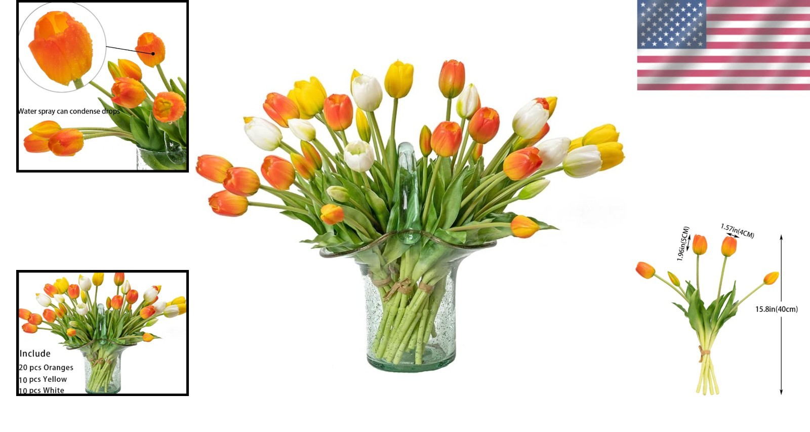 40pc Artificial Tulips Bouquet – Real Touch Rubber, Bendable Stems, Vibrant C…