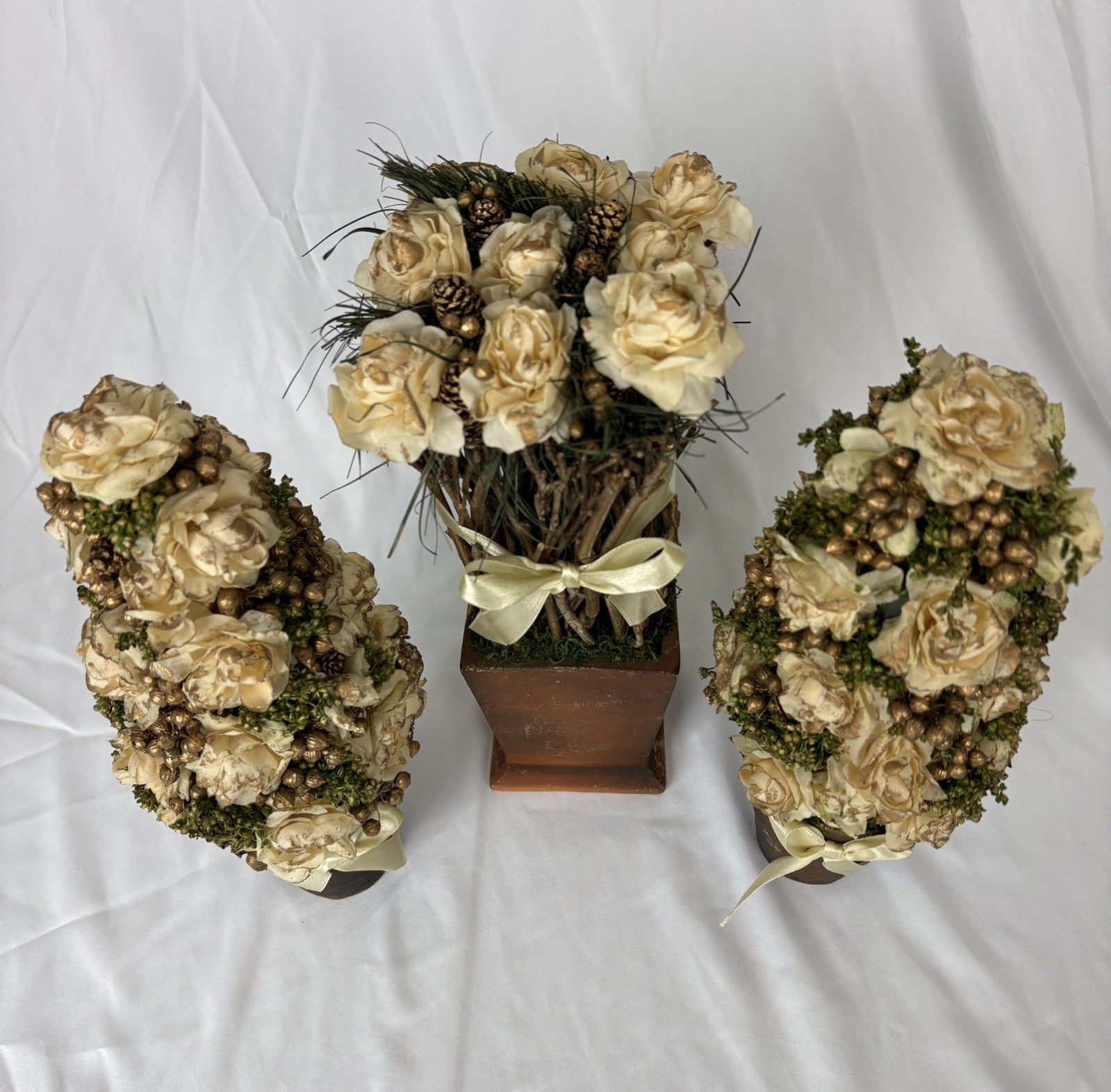 Set of 3 – Heirloom Topiaries Cream Rose Floral Table Top Romantic VTG Wedding
