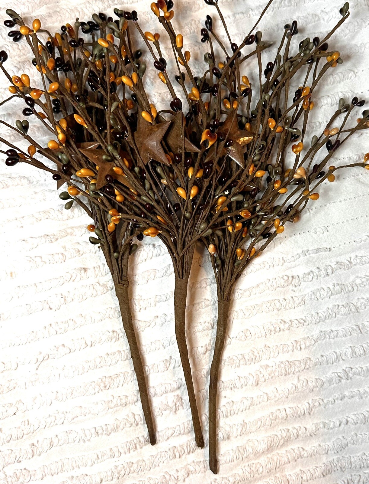 LOT OF 3 Primitive Orange Brown Green Pip Berry With Rusty Star Pick Country