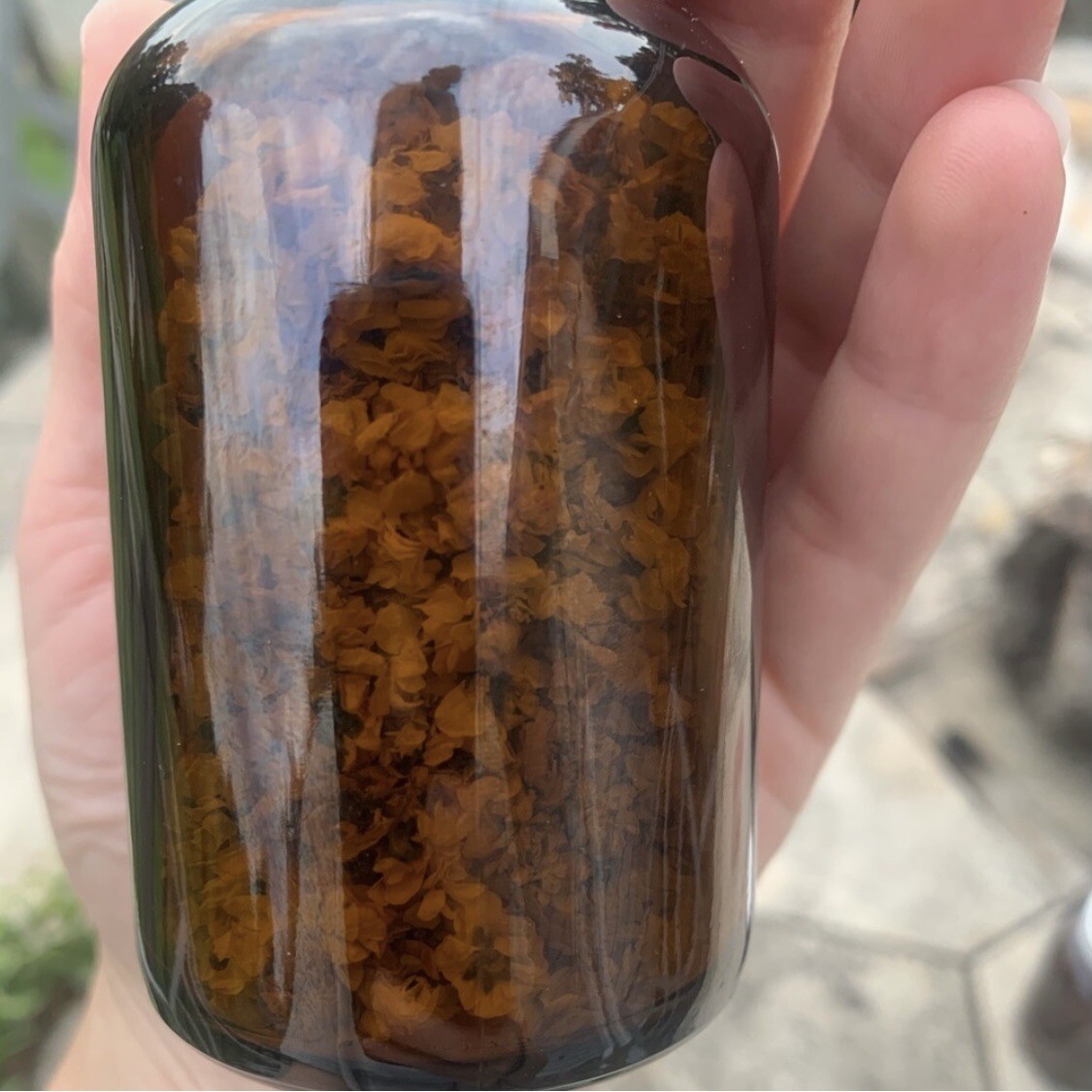 Handmade Floral Decor Centerpiece Amber Glass Bottle Dried Flowers Cottagecore