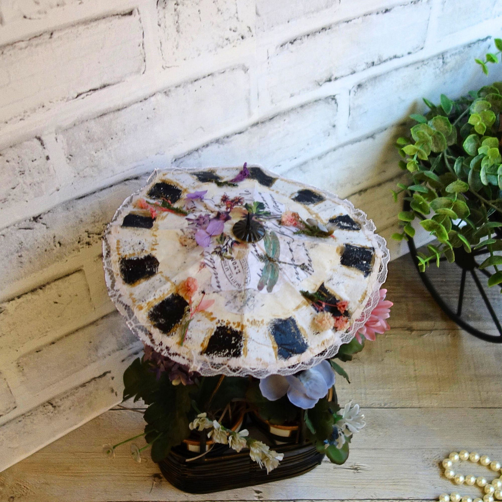 Black White Checked Flower Pot Floral Arrangement French Country Decor