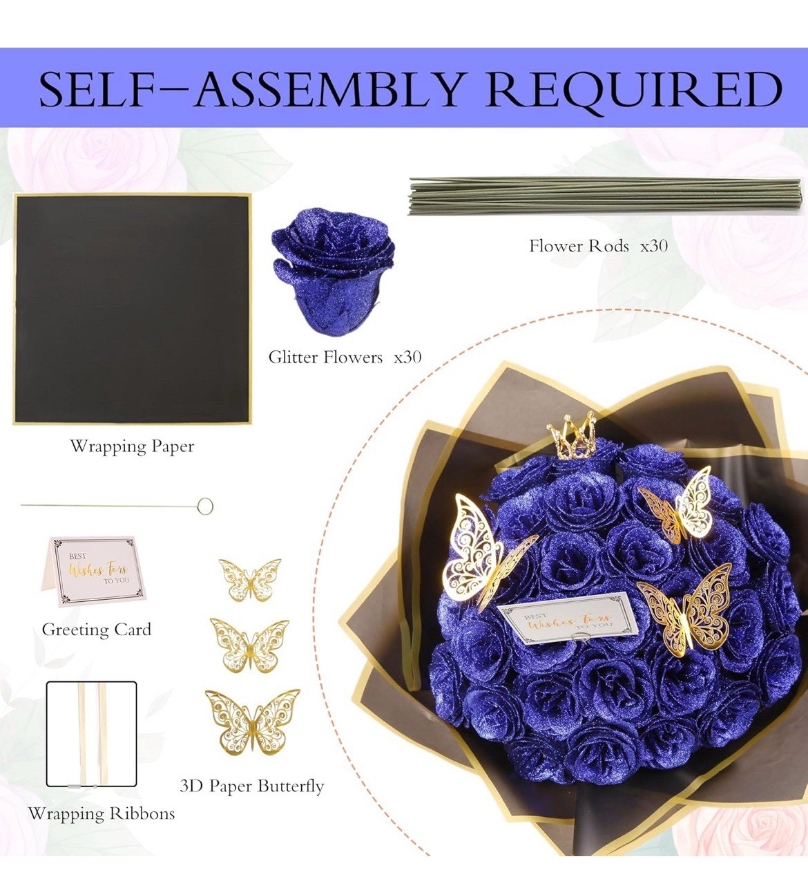 Blue Glitter Roses Bouquet, DIY Fake Flowers Bouquet, Everlasting Shiny Artifici