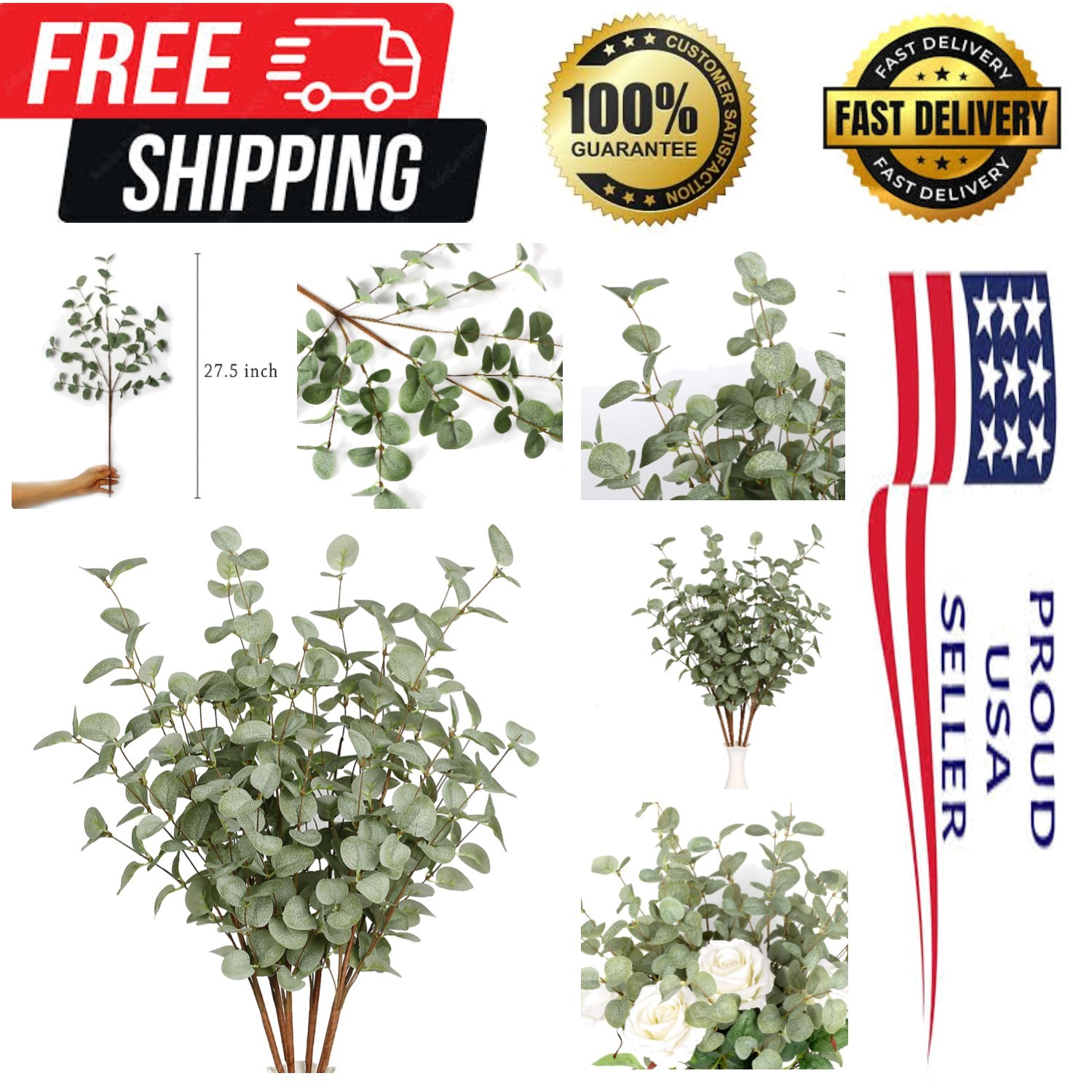 6 Pcs 27″ Eucalyptus Stems Greenery Stems Eucalyptus Leaf Spray in Green Silk…