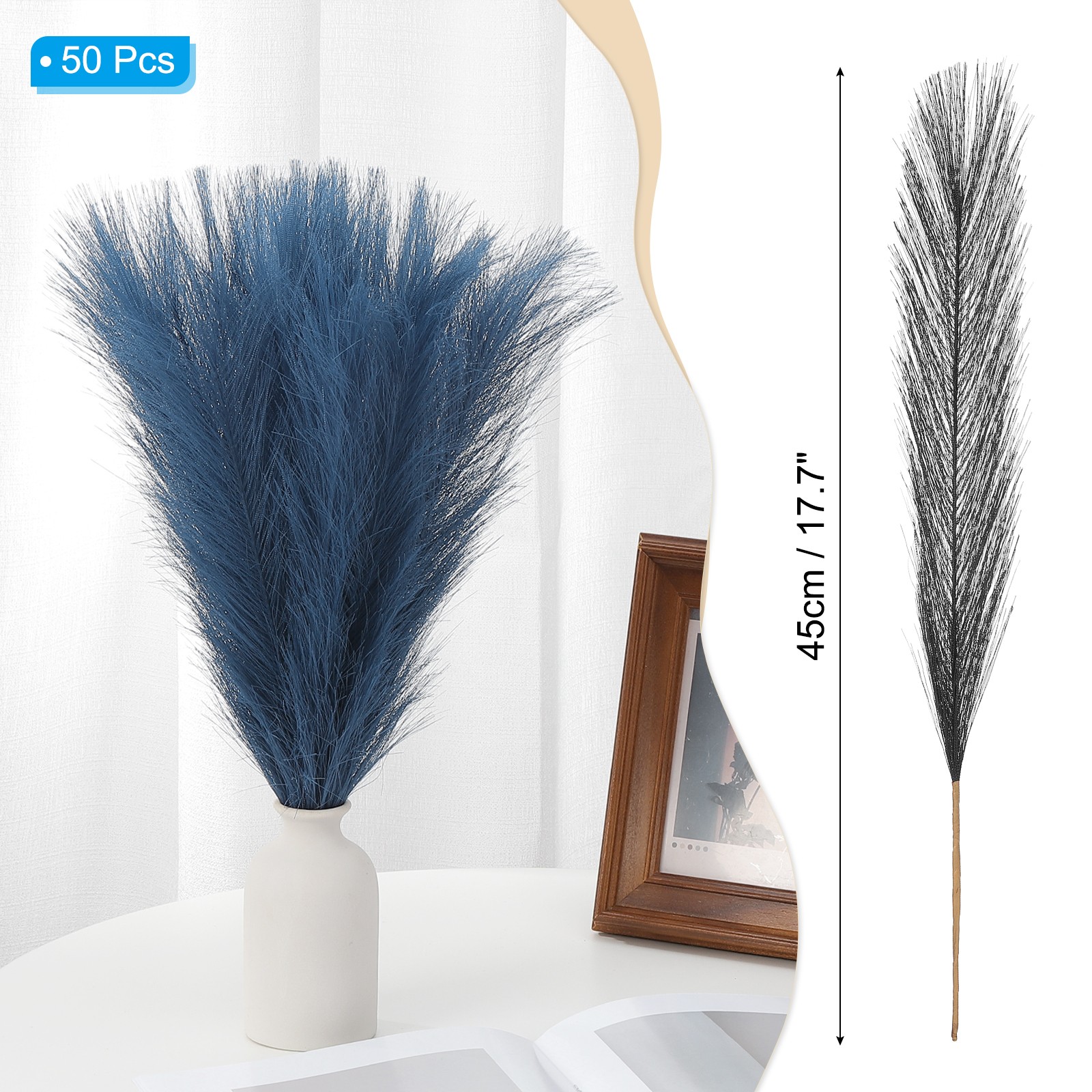 17.7in Pampas Grass Decor, 50pcs Artificial Pampas Grass Bulk, Blue