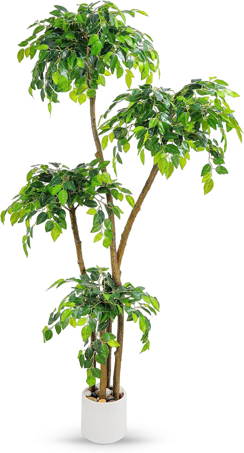 5FT Artificial Ficus Tree with White Planter and Pebbles,Faux Silk Tree with Lif