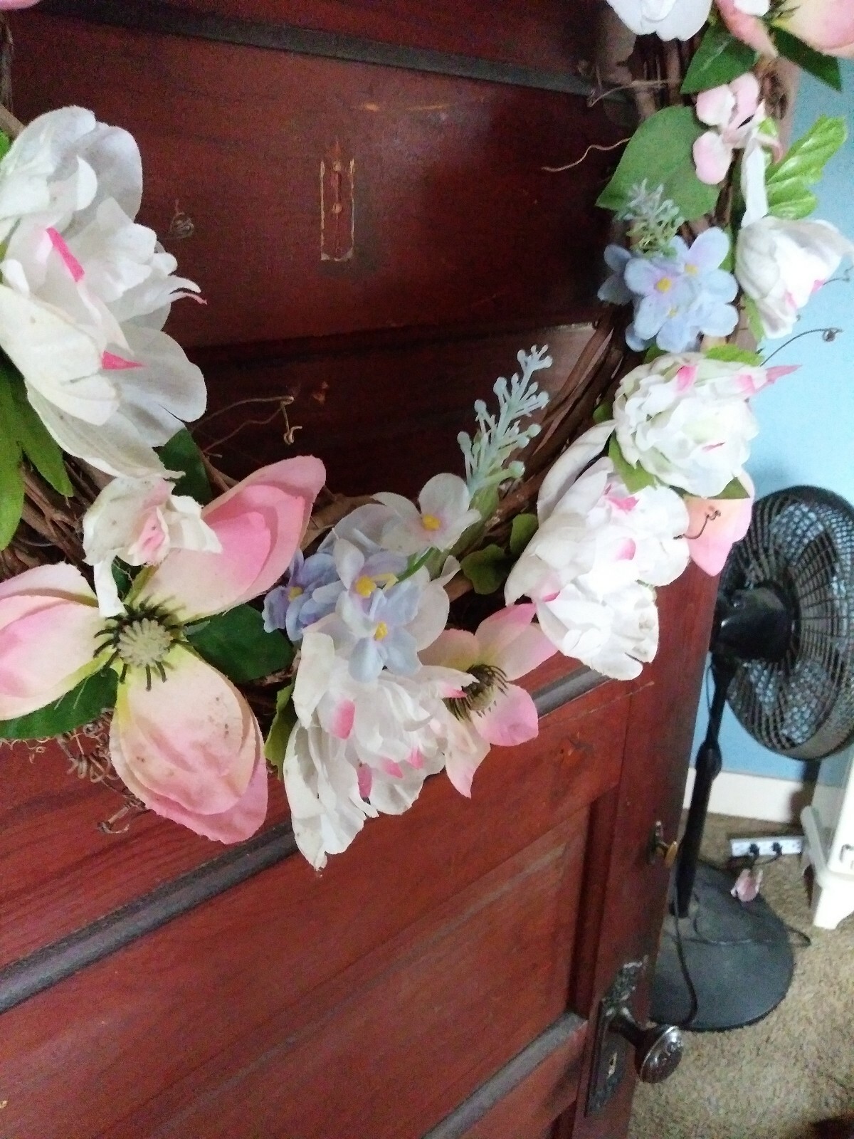Springtime Pink, White And Blue Flowers W/green Leaves Grapevine Wreath…