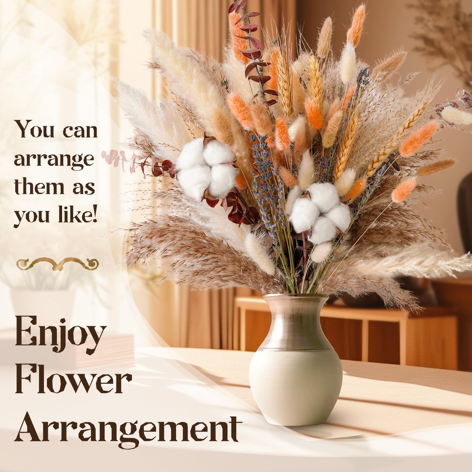Fall Dried Flower Bouquet – Boho Fall Decor with Pampas Grass, Cotton, and Or…