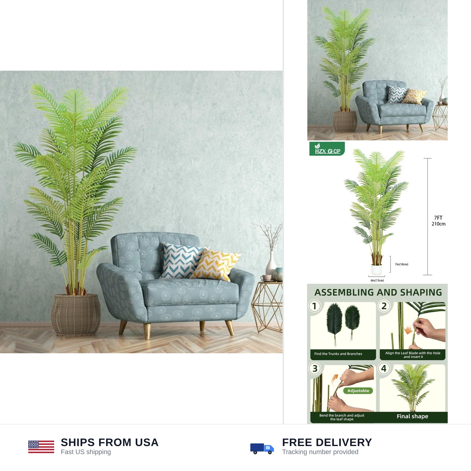7FT Artificial Palm Tree Indoor with White Pot, Realistic Leaves, 18 Trunks A…
