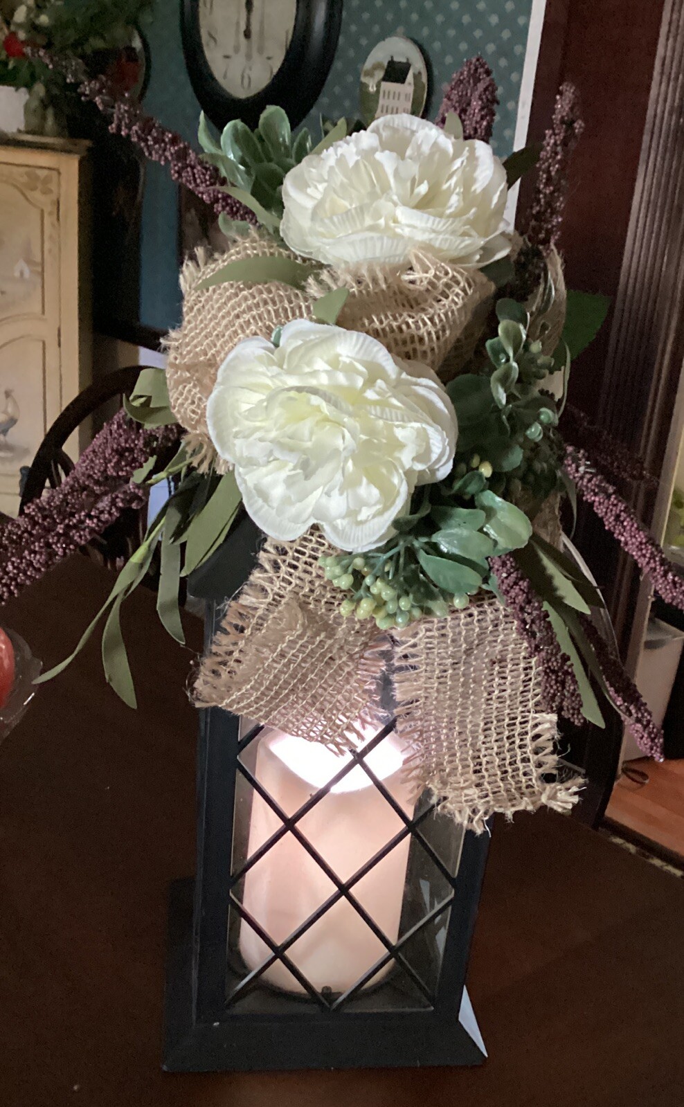 Multi Color Light Lantern with Flowers and Burlap Indoor Outdoor Decor 14.4″