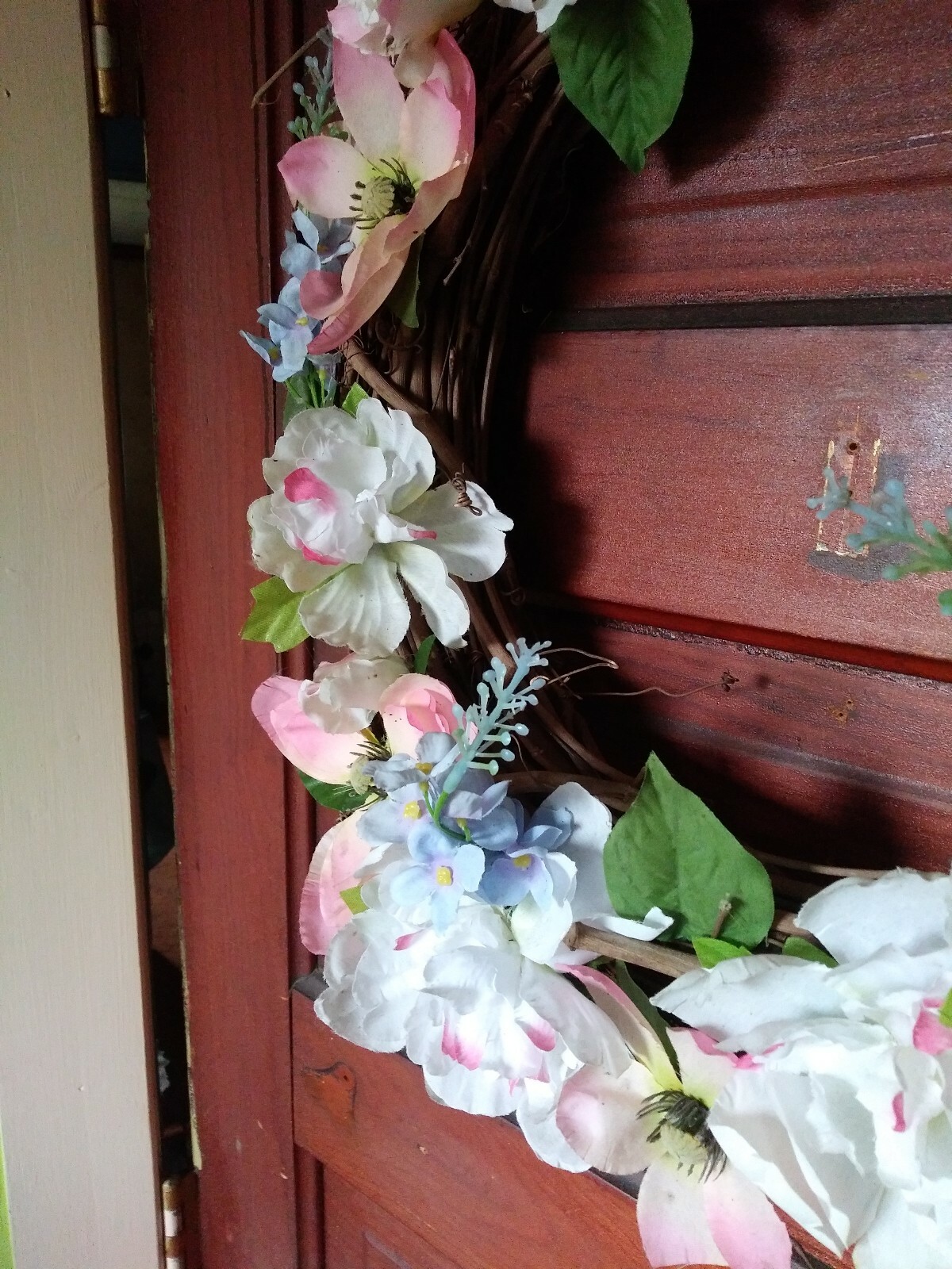 Springtime Pink, White And Blue Flowers W/green Leaves Grapevine Wreath…