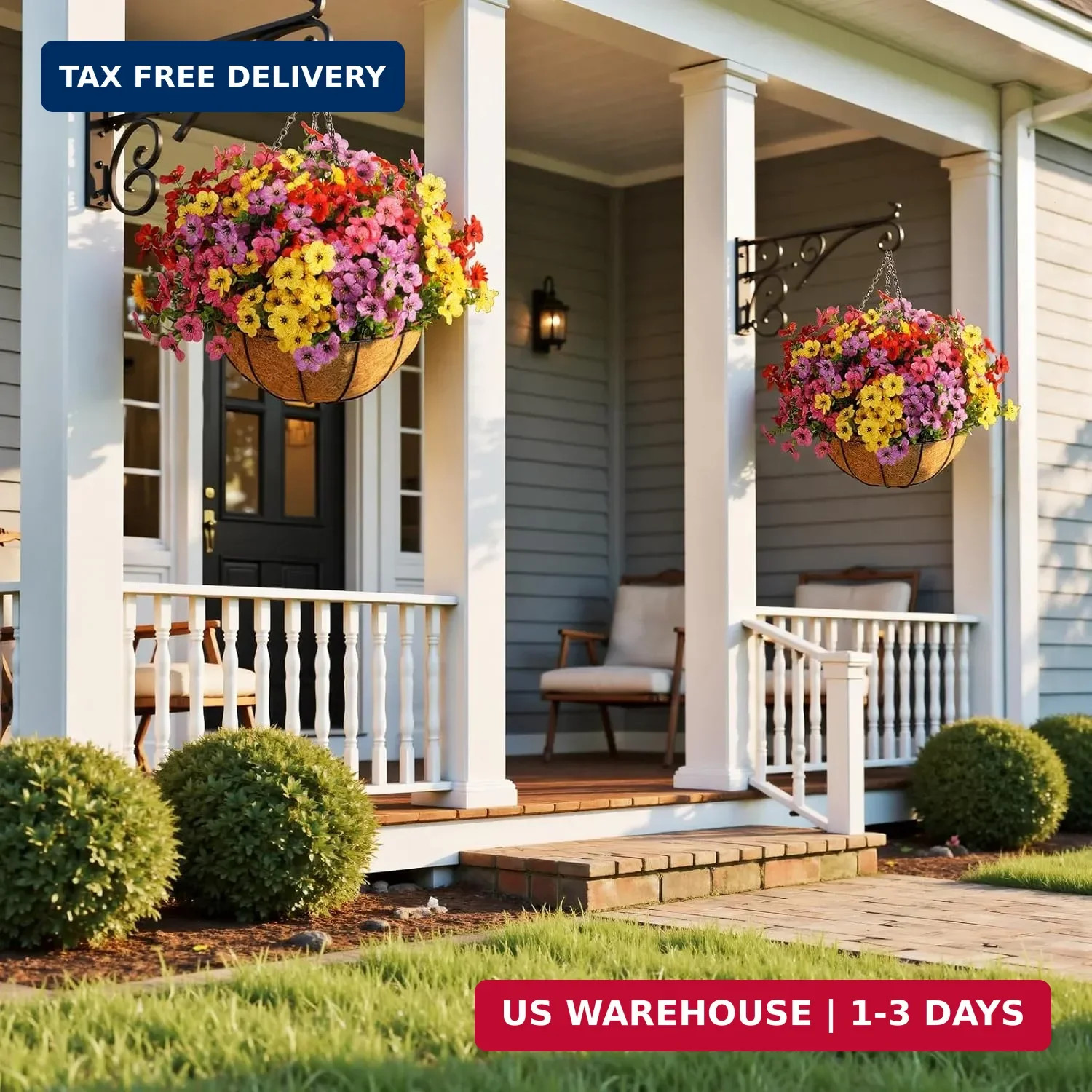 Artificial Outdoors Flowers with Hanging Basket, UV Resistant Fake Hanging Flowe