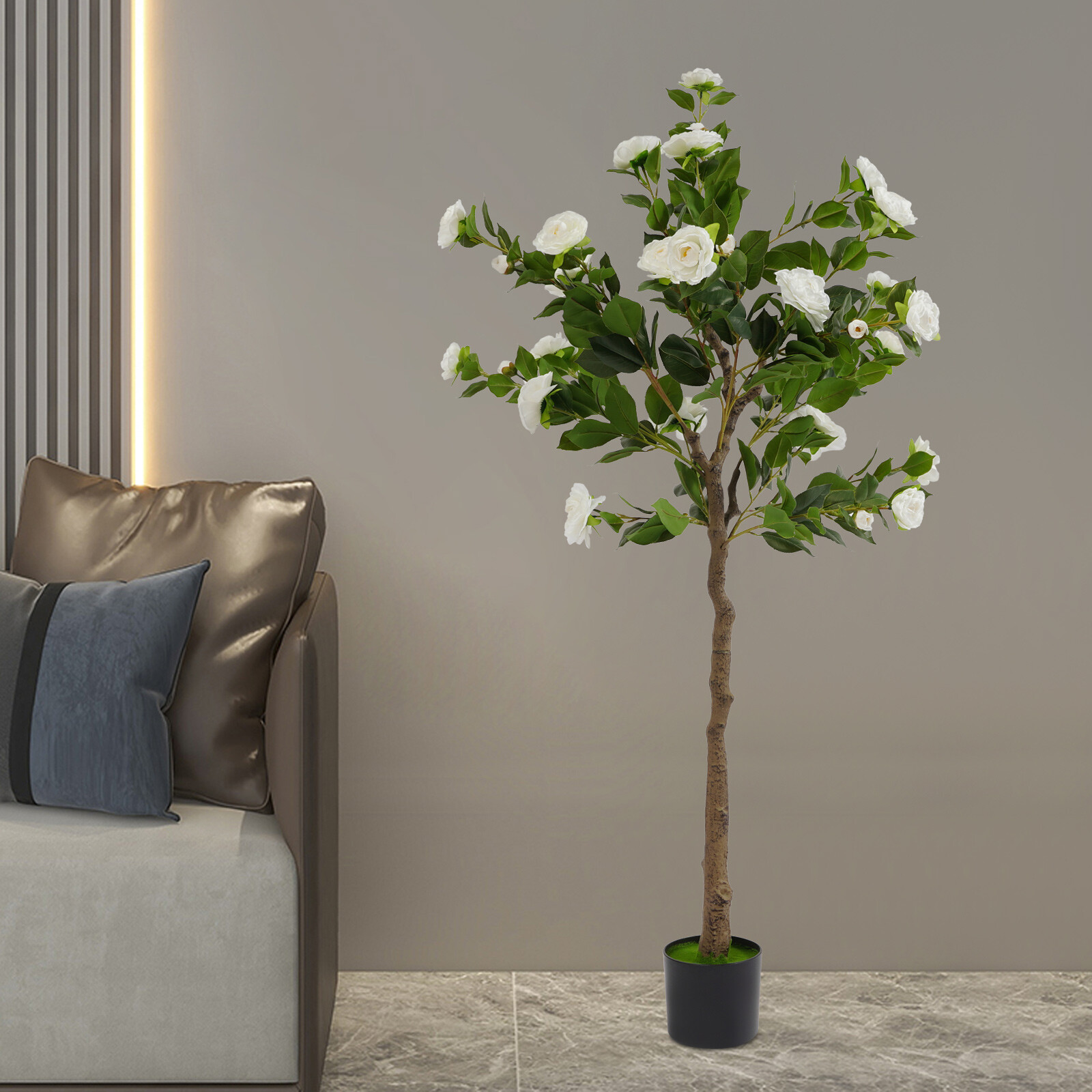 150CM Camellia Plant in Pot with White Flowers White Artificial Camellia Trees