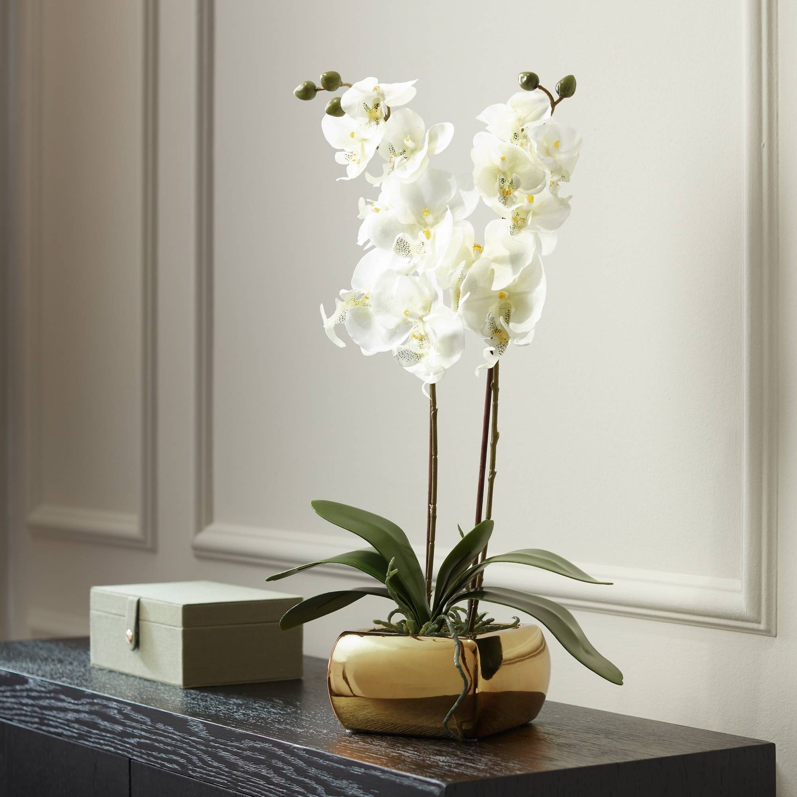 Potted Faux White Orchid Artificial Flowers Greenery in Gold Pot for Home Decor