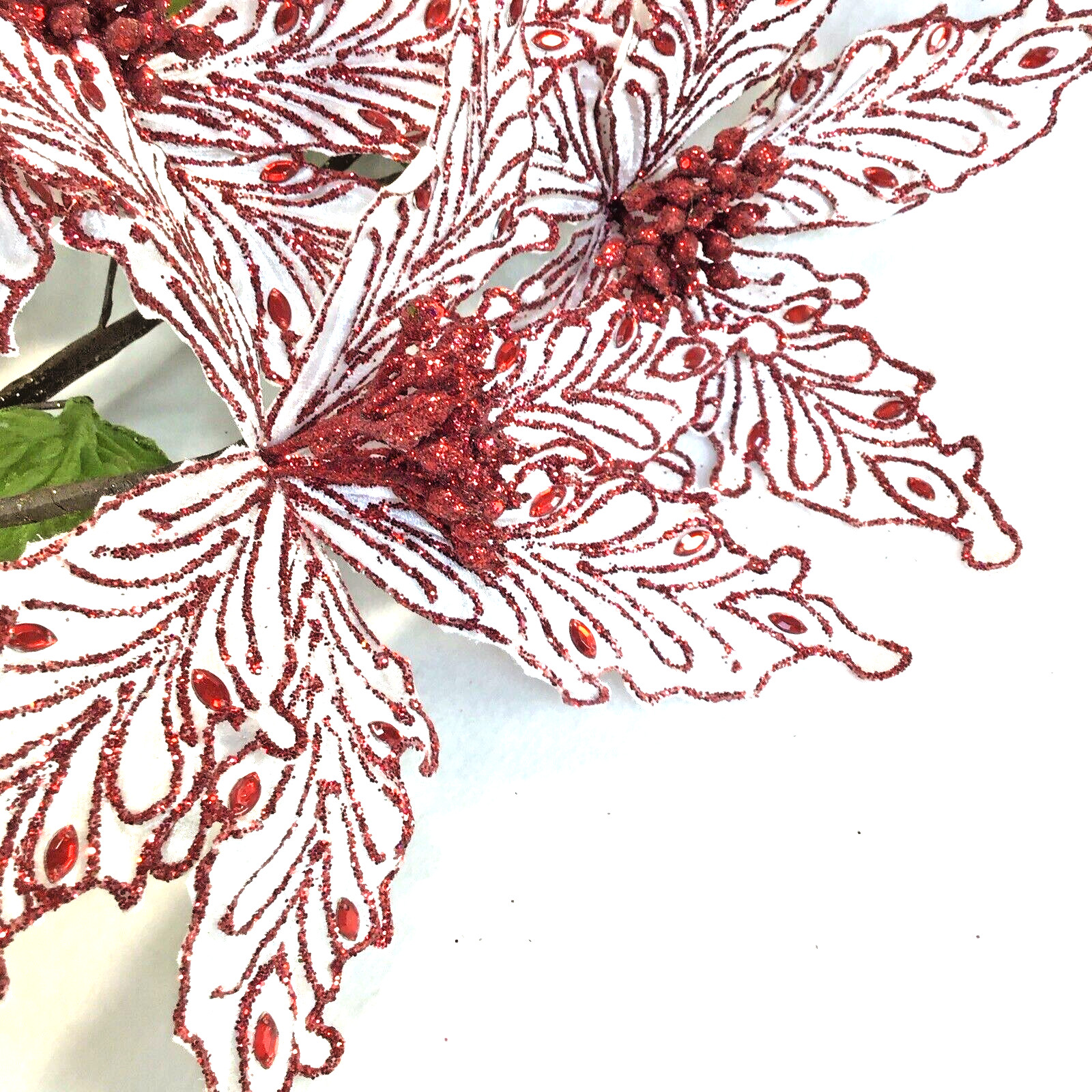 Set of 5 Sparkling Red Rhinestone and Glitter Artificial Poinsettia Floral Stems
