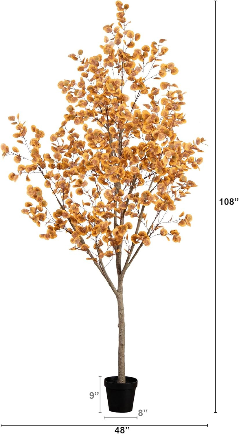 9FT Faux Autumn Eucalyptus Tree in Black Planter for Home & Office Décor