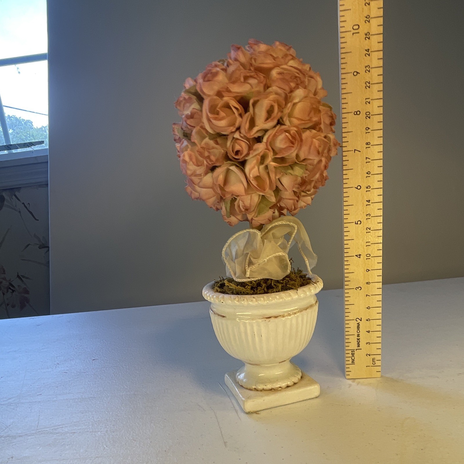 Artificial Pink Rose Ball Topiary Floral Arrangement in White Urn Pot 12 in