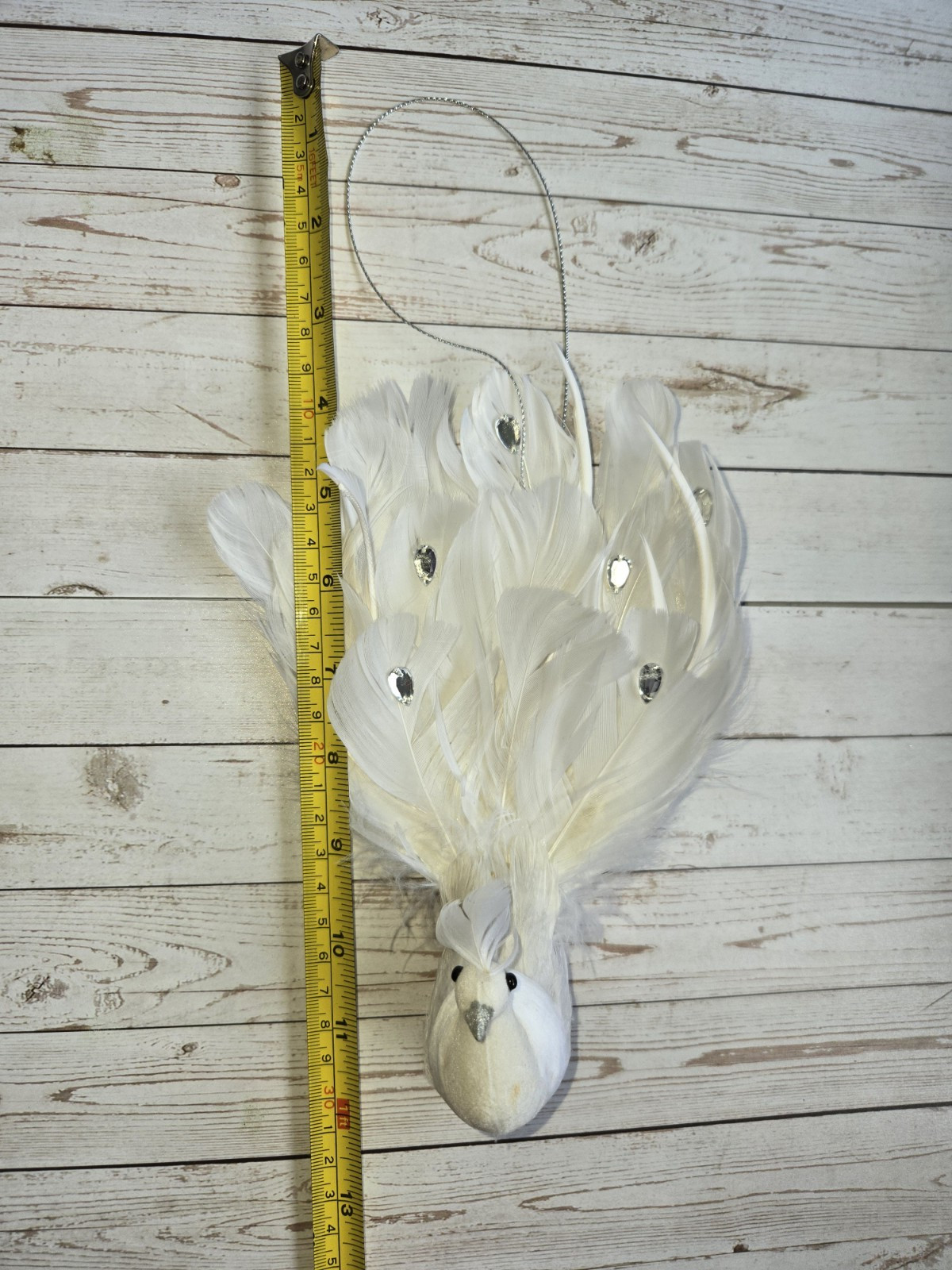 5~Artificial White Peacock Bird Glitter Gems Feather Decoration Hang or Clip-On