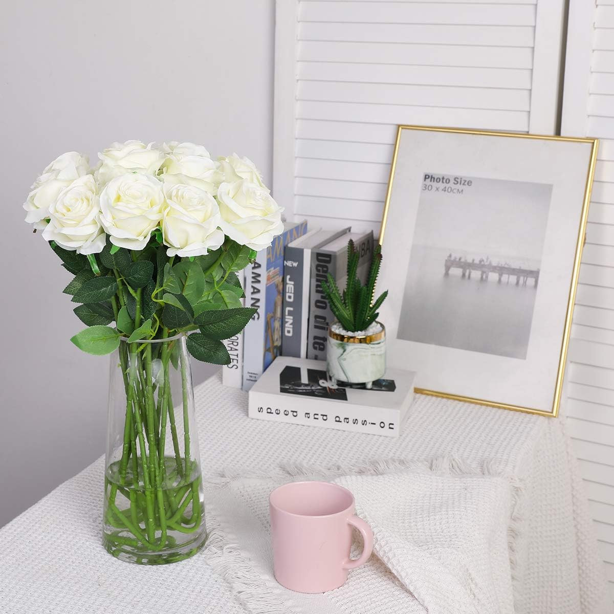 Artificial Silk Rose Flower Bouquet Lifelike White Fake Rose for Wedding Home Pa