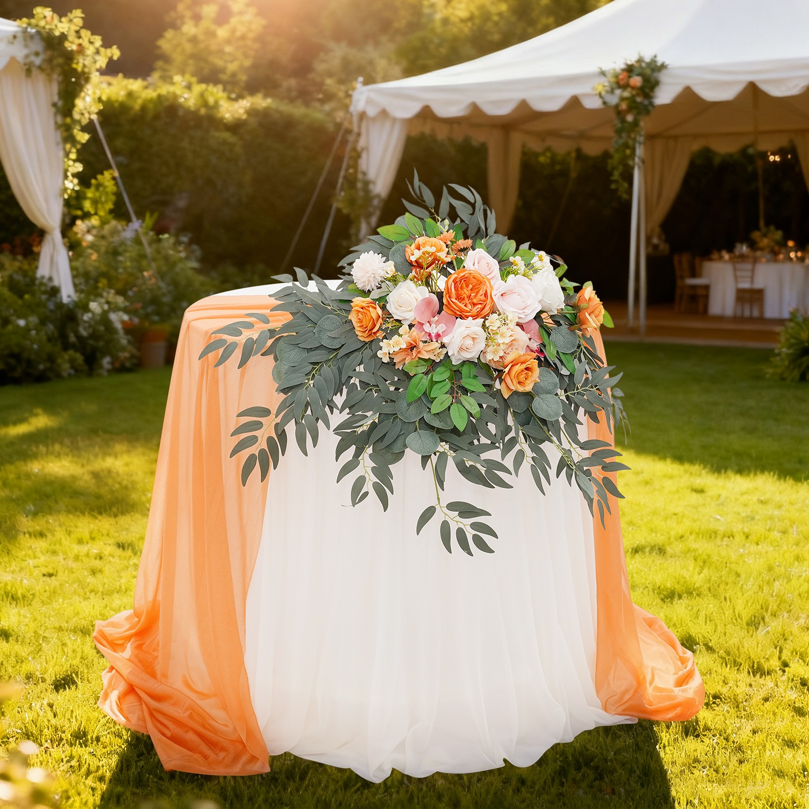 Artificial Flower with Tablecloth, Floral Arrangement for Wedding Table Orange