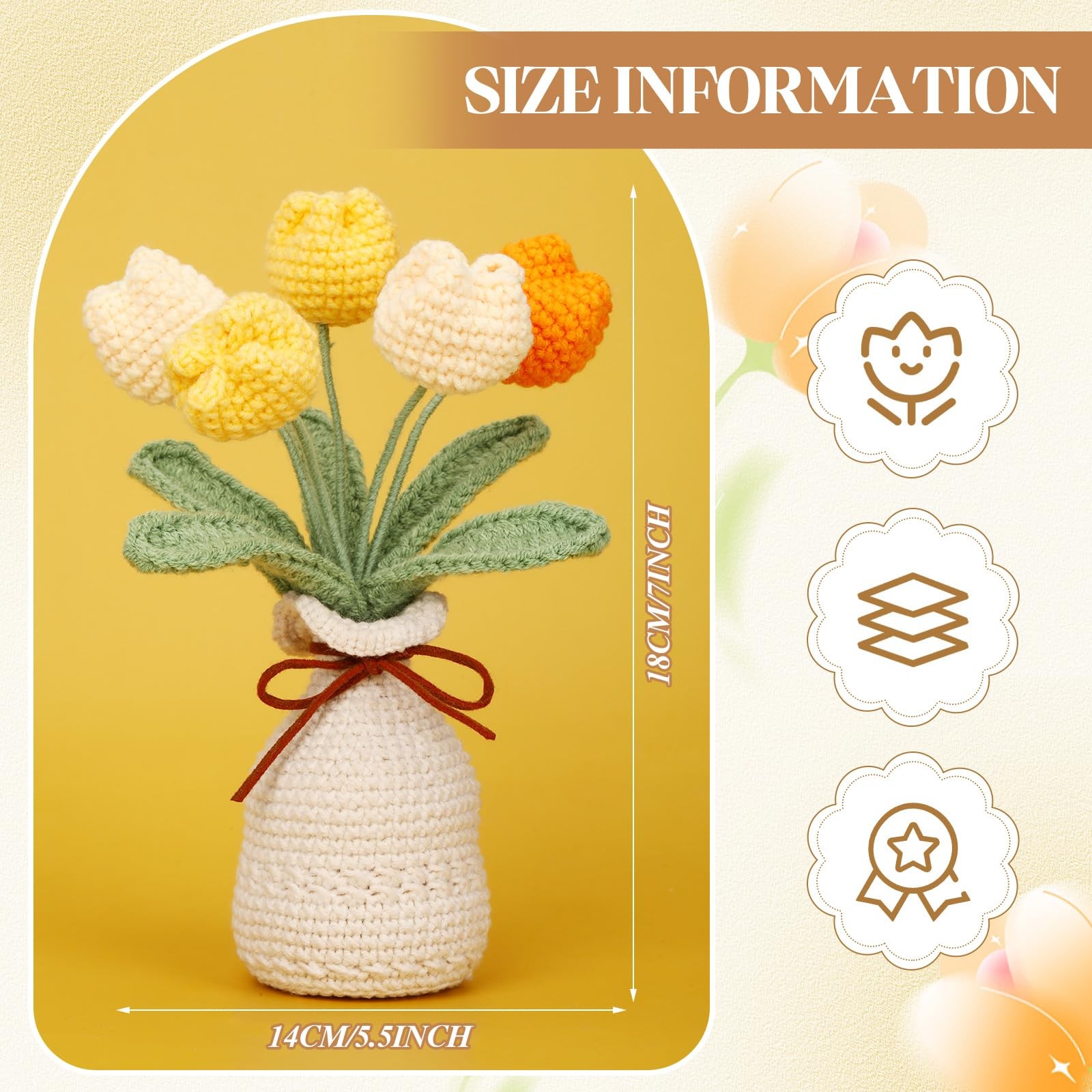 Crochet Knitting Tulip Bouquets Vase 7.1 Inch Yellow Artificial Flower Decor