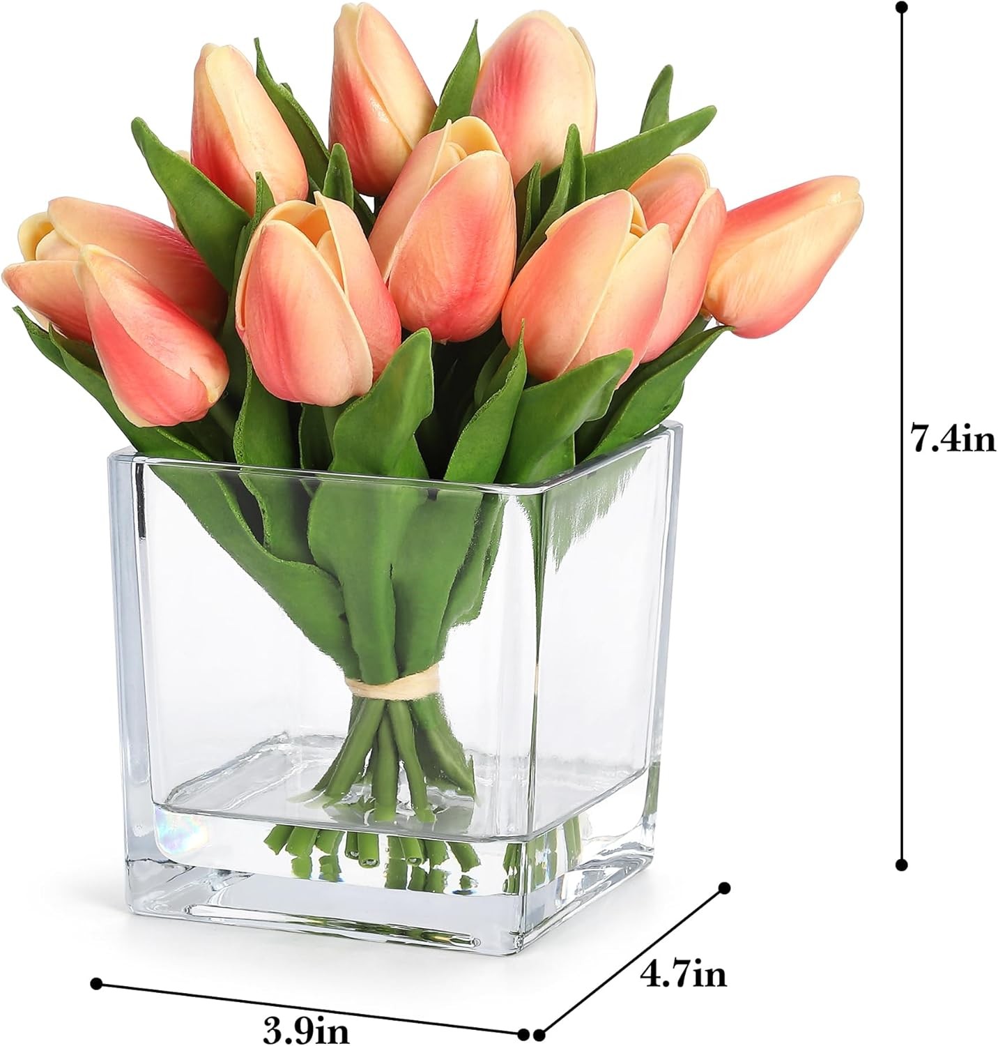 Orange Tulip Artificial Flower w/ Glass Vase Faux Water Silk Faux Tulip Flower