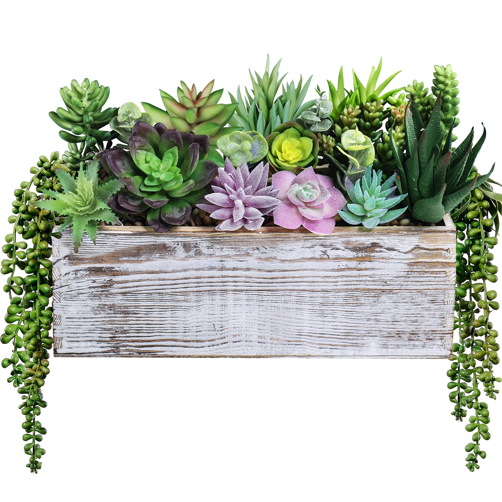 19 PCS Assorted Artificial Succulents Rectangular Wooden Pot Planter Center