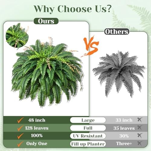 Artificial Ferns 48 Inch 128 Leaves UV Resistant Faux Boston Fern 2 Pack