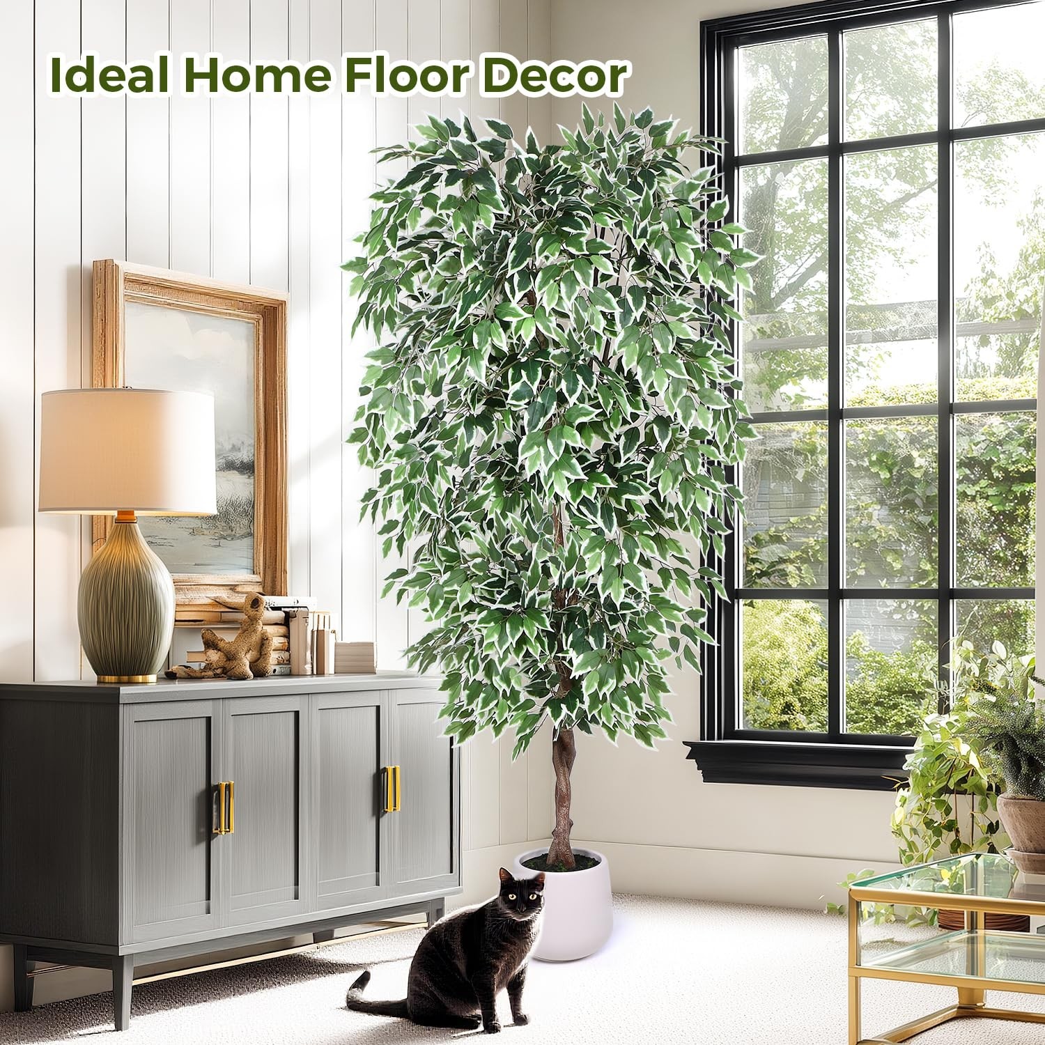Jocoevol 7FT Artificial Ficus Tree with White Planter, Dried Moss, Natural Silk