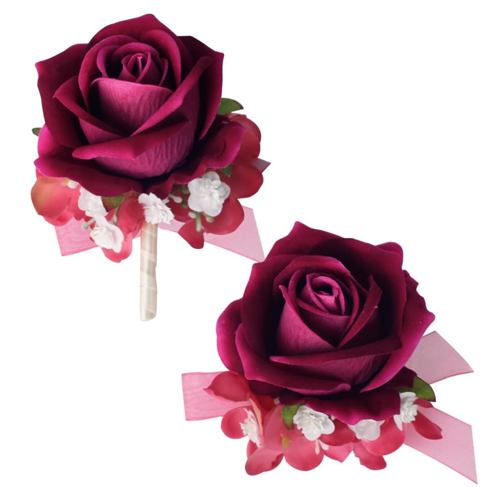 Deep Fuchsia Rose Wrist Corsage Wristlet Boutonniere Set Wedding Prom Flower