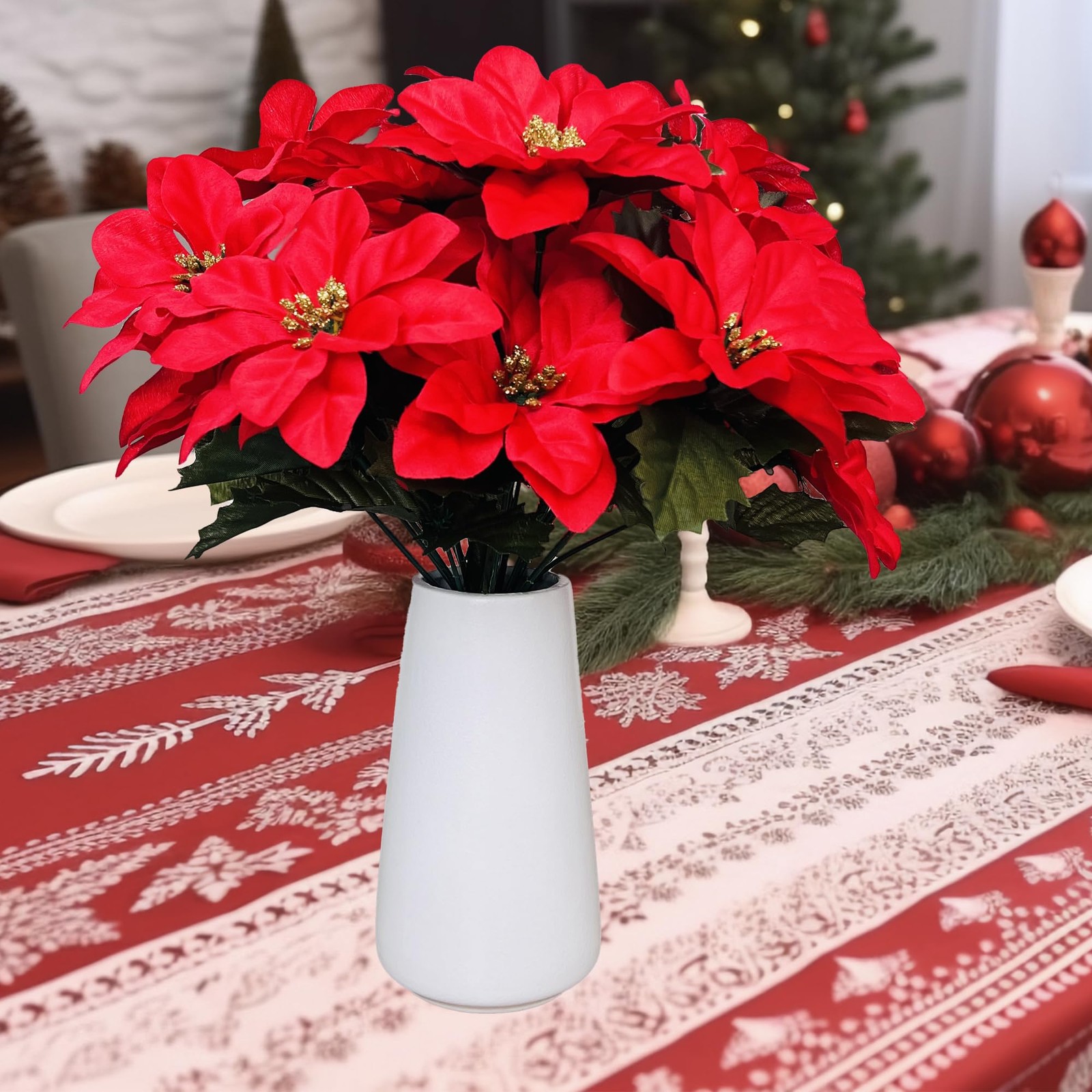 3 Pack Artificial Poinsettia Bushes – 9.8″ Faux Red Poinsettia Bouquets with …