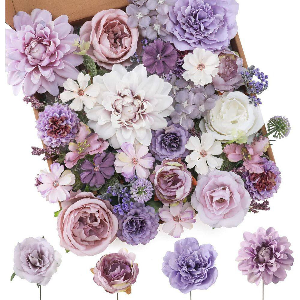 2 In. Purple Indoor/Outdoor Artificial Peony Rose Dahlias Flower with Stems for