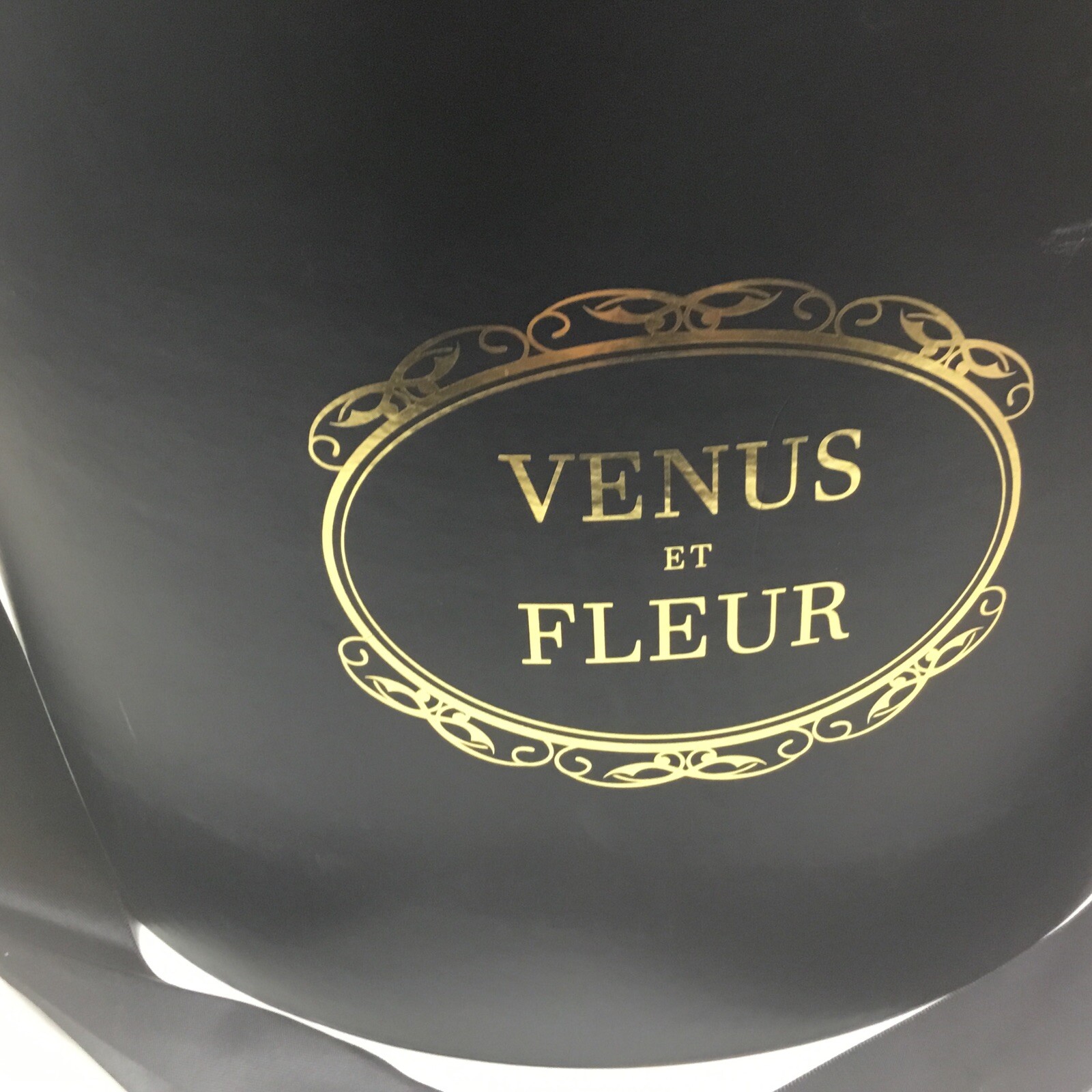 Venus Et Fleur Large Flower Box Black Gold Lettering Violet Roses9”tall 12”dia.