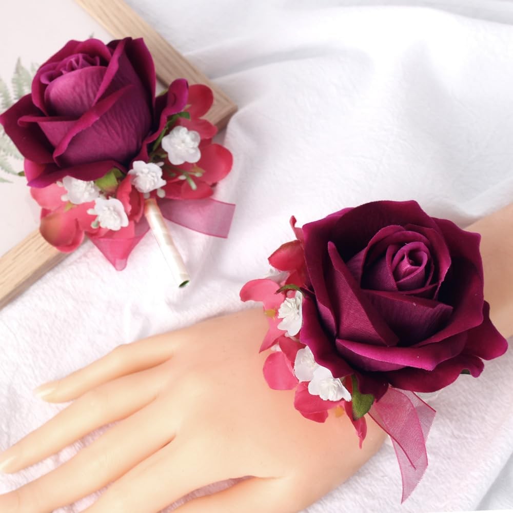 Deep Fuchsia Rose Wrist Corsage Wristlet Boutonniere Set Wedding Prom Flower