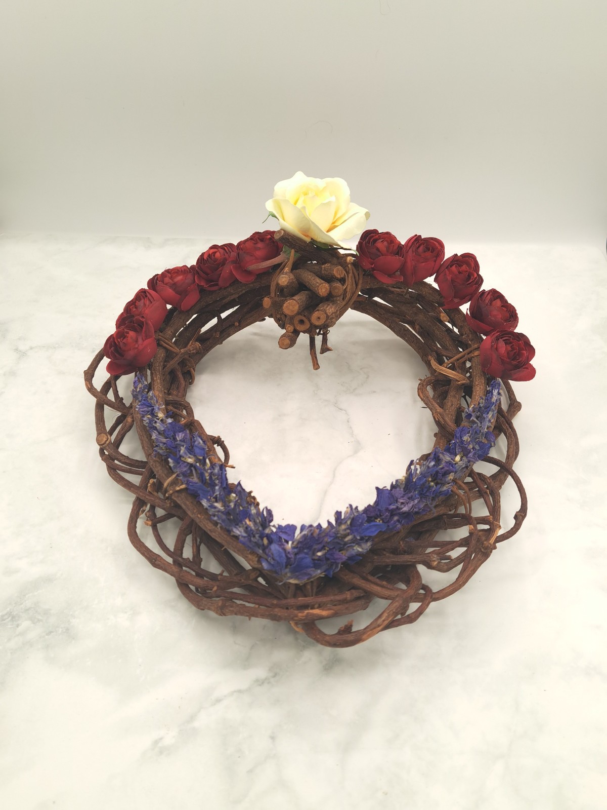 Handmade Red, White & Blue Willow Heart Flower Arrangmt. w/ Dried & Silk Flowers