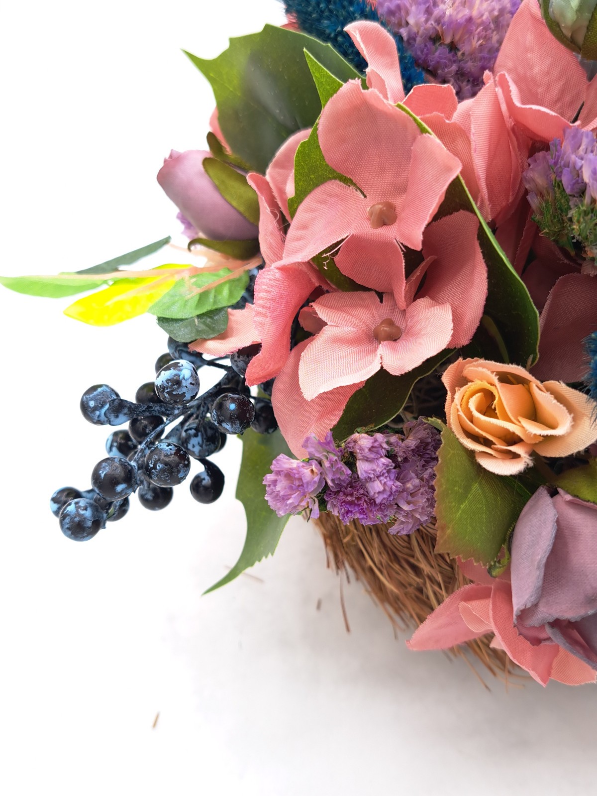 Handmade Blue Rose Blueberry Dried/Silk Flower Arrangement w/ Vintage Basket