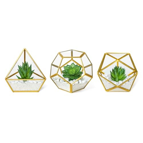Artificial Succulent in 3 Pack Mini Glass Geometric Gold,green,clear