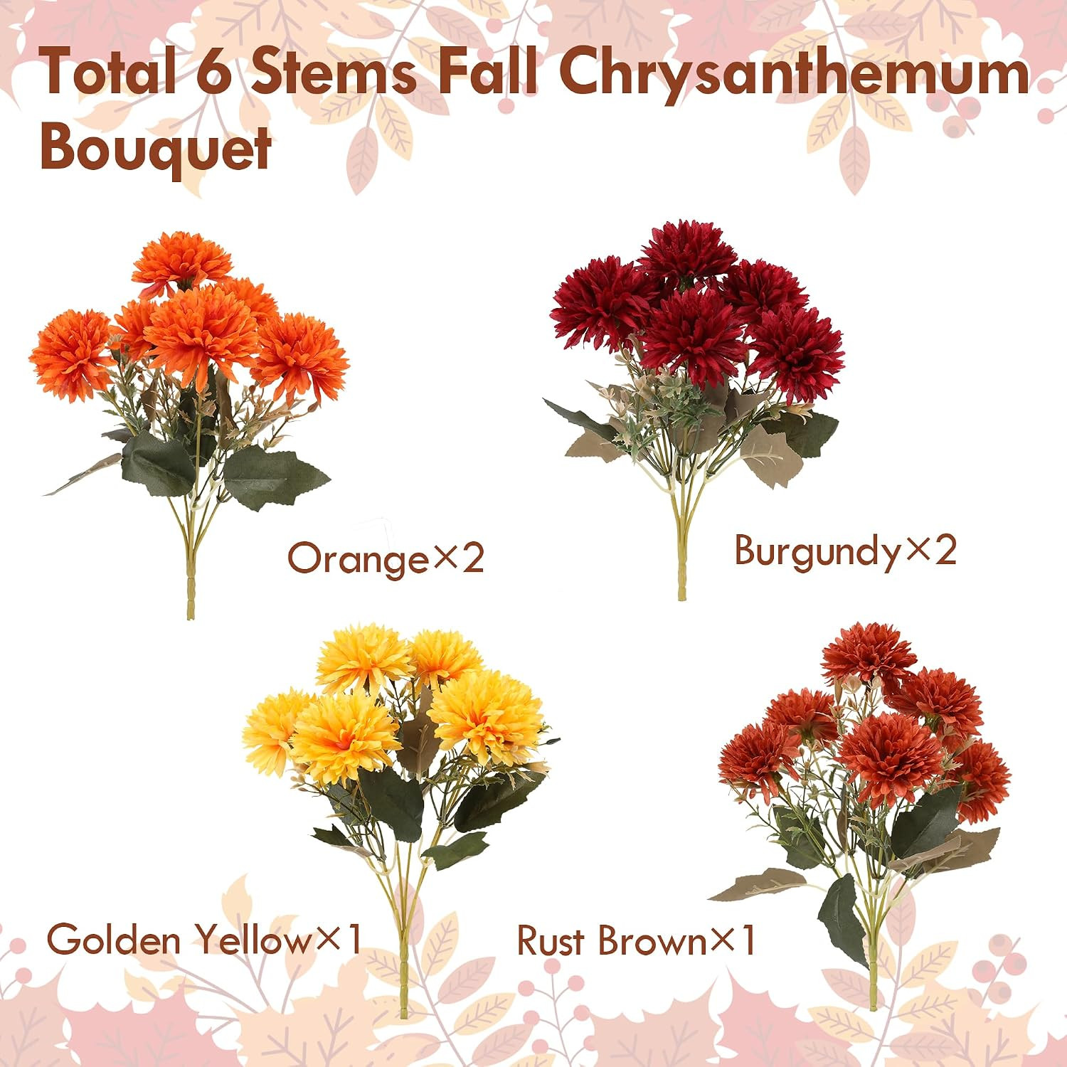 6 Bundles Faux Fall Flowers – Autumn Chrysanthemums for Home Decor