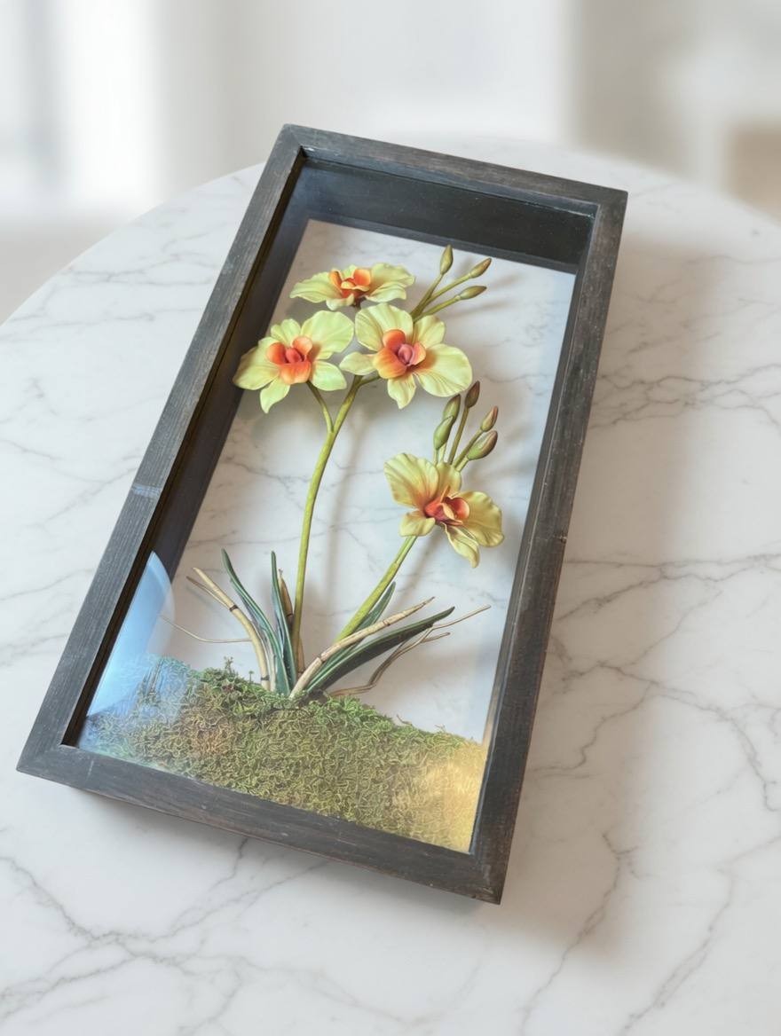 Vintage 3D Orchid Shadow Box Floral Wall/Table Decor 1980s Retro Frame