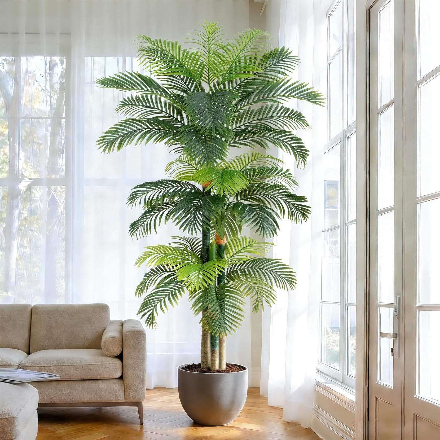 Elegant 8.5ft Faux Golden Cane Palm Tree in Pot – Low Maintenance Green Elegance