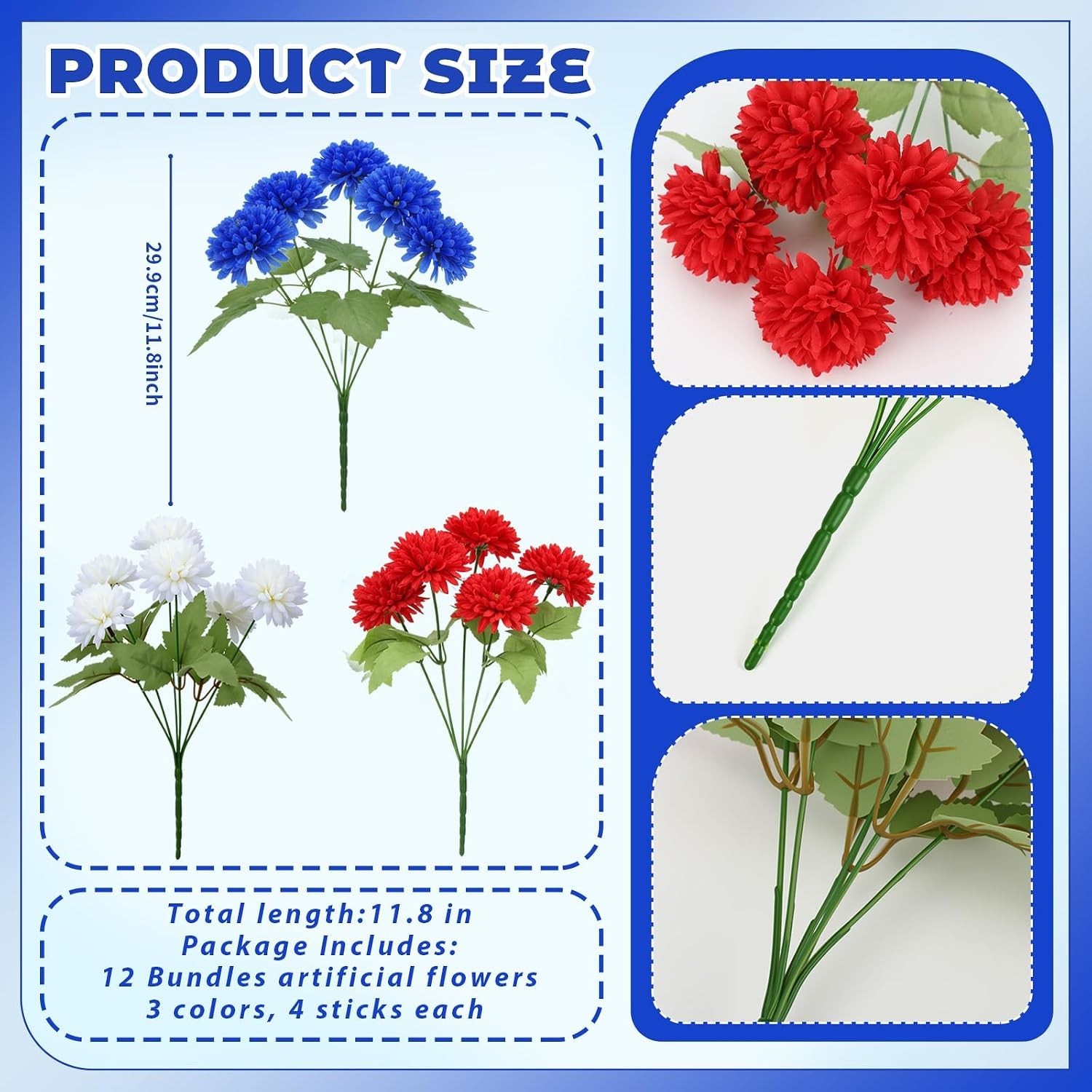Patriotic Red White Blue Silk Chrysanthemum Flowers